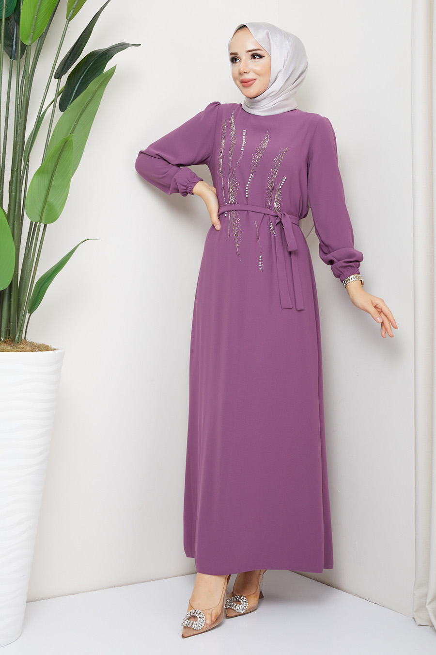 STONE DETAILED DRESS - LILA 