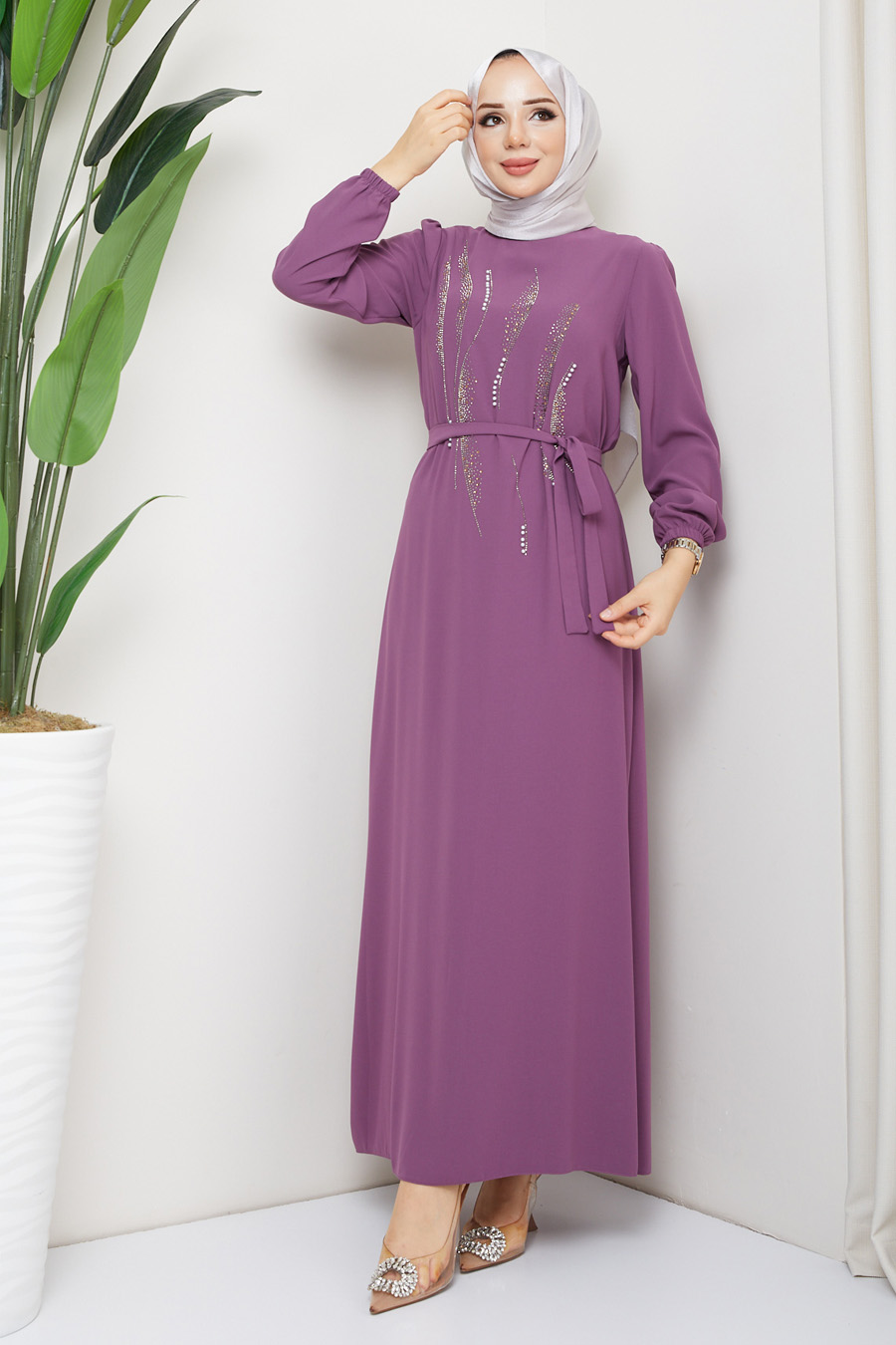 STONE DETAILED DRESS - LILA 