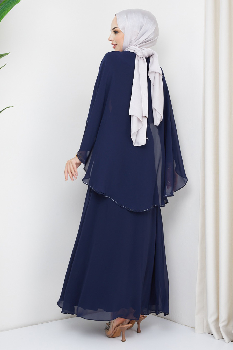 STONE DETAILED EVENING DRESS NAVY BLUE 