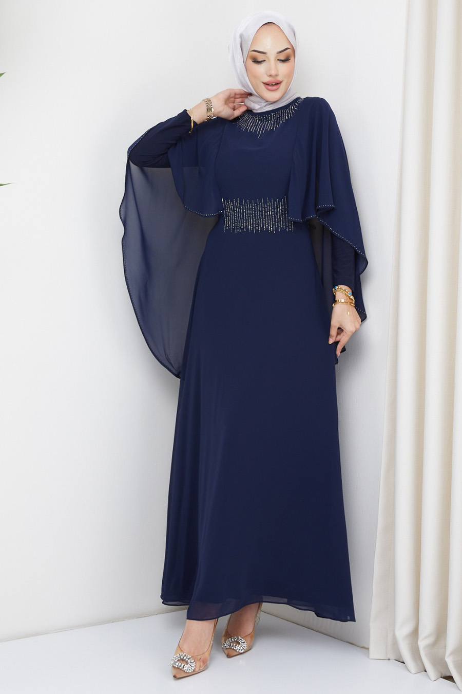 STONE DETAILED EVENING DRESS NAVY BLUE 
