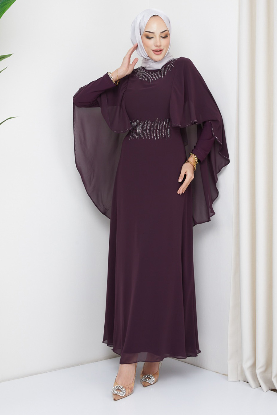 STONE DETAILED EVENING DRESS  PLUM 