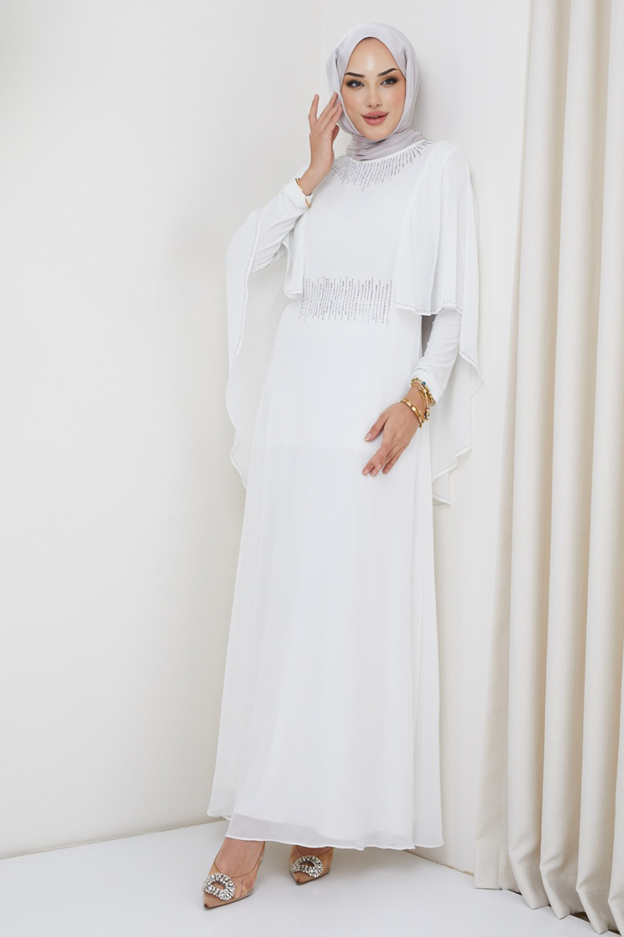 STONE DETAILED EVENING DRESS  WHITE 