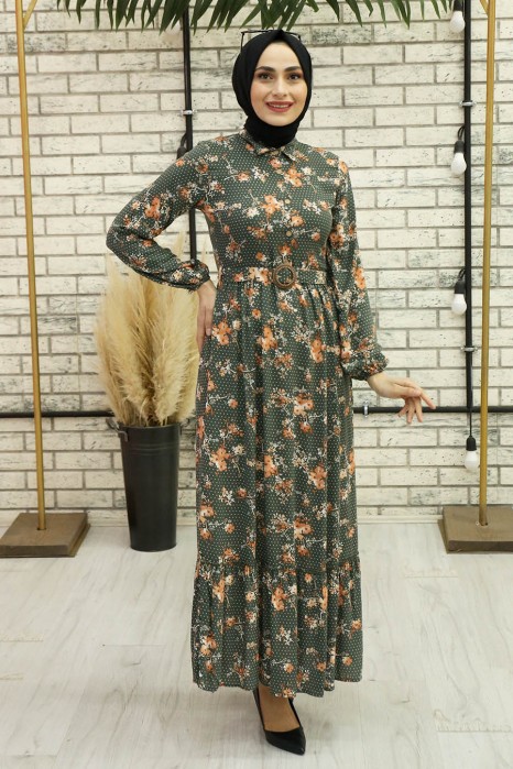 FLOWER PATTERNED DRESS - KHAKI
