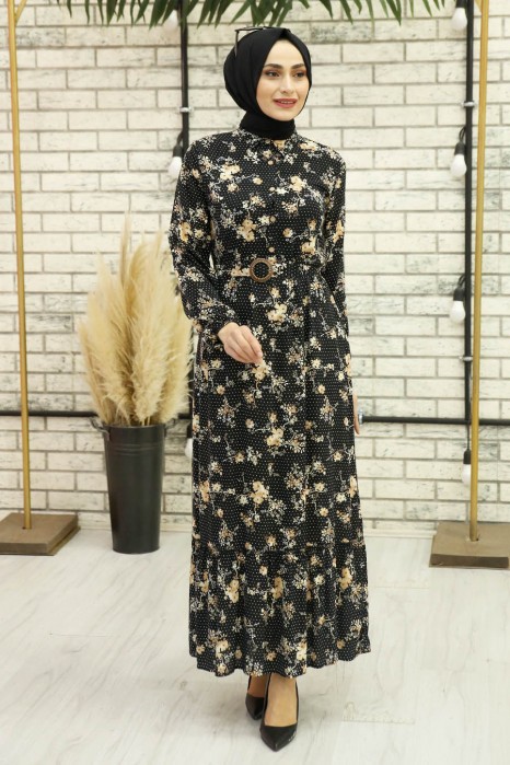 FLOWER PATTERNED DRESS - BLACK 