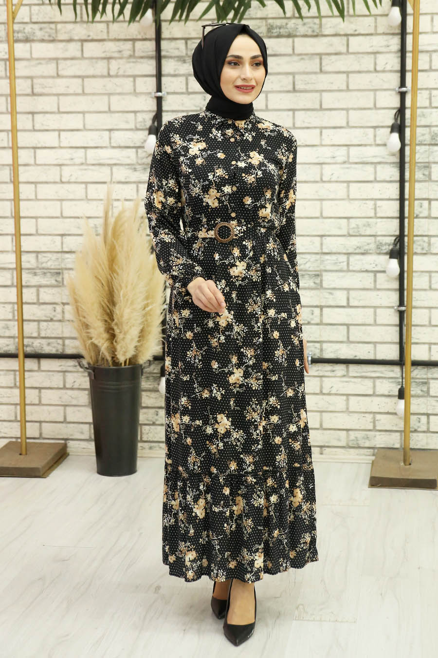 FLOWER PATTERNED DRESS - BLACK 