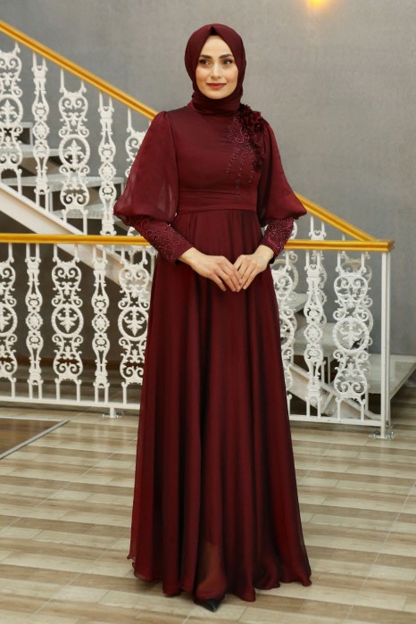 STONE DETAILED CLARET RED EVENING DRESS    