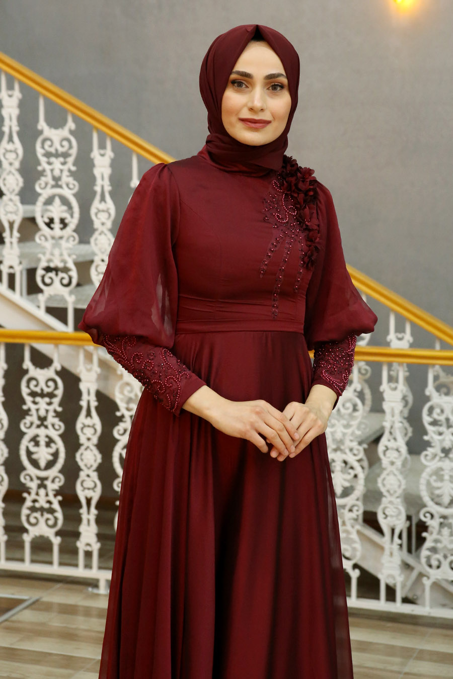 STONE DETAILED CLARET RED EVENING DRESS    