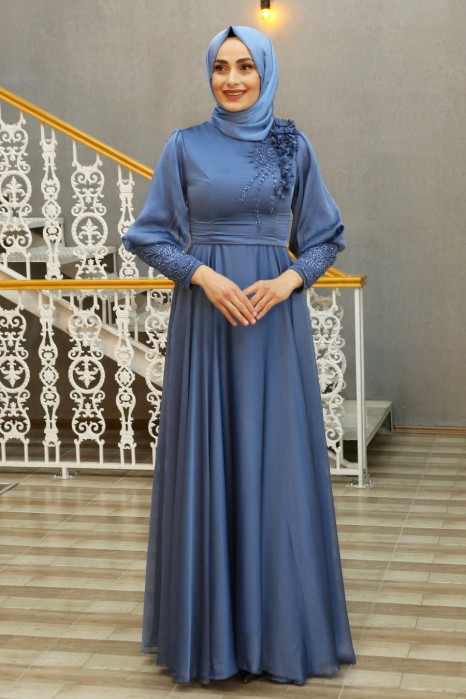 STONE DETAILED INDIGO COLOR EVENING DRESS  