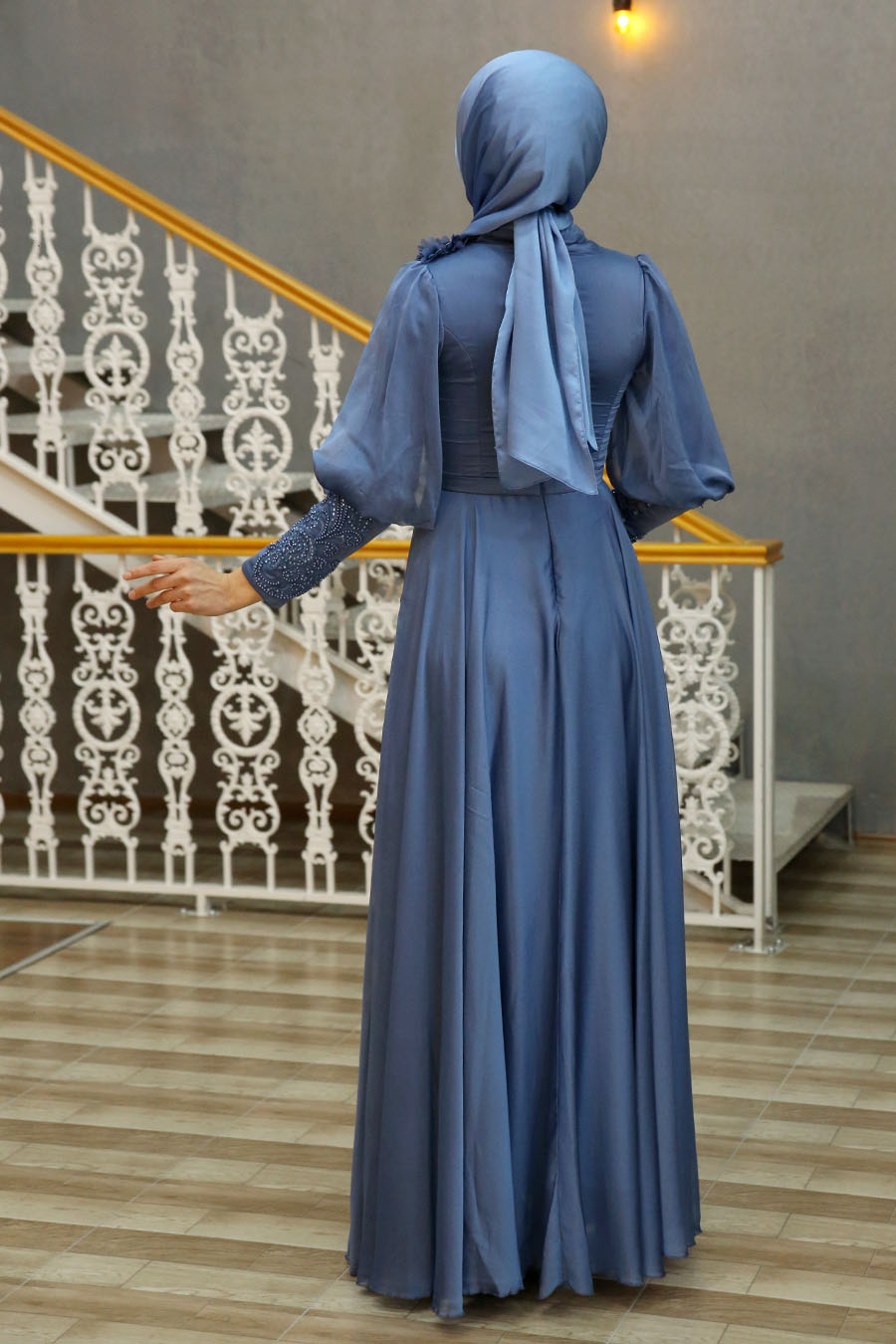 STONE DETAILED INDIGO COLOR EVENING DRESS  