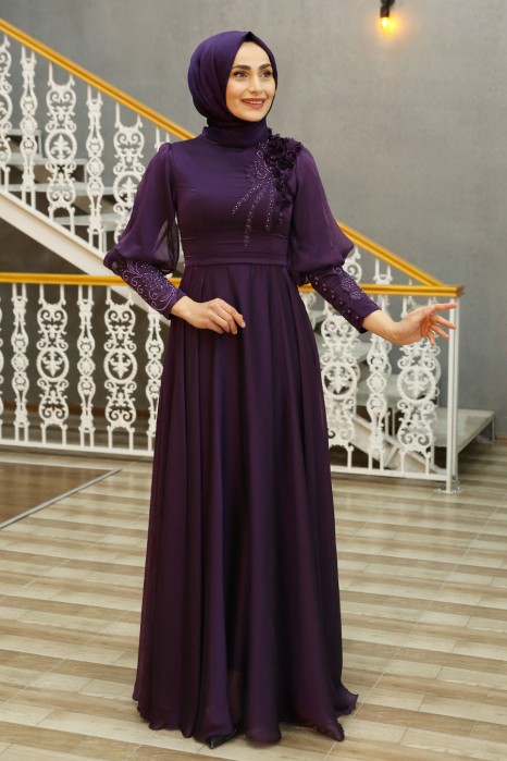 STONE DETAILED PURPLE EVENING DRESS 