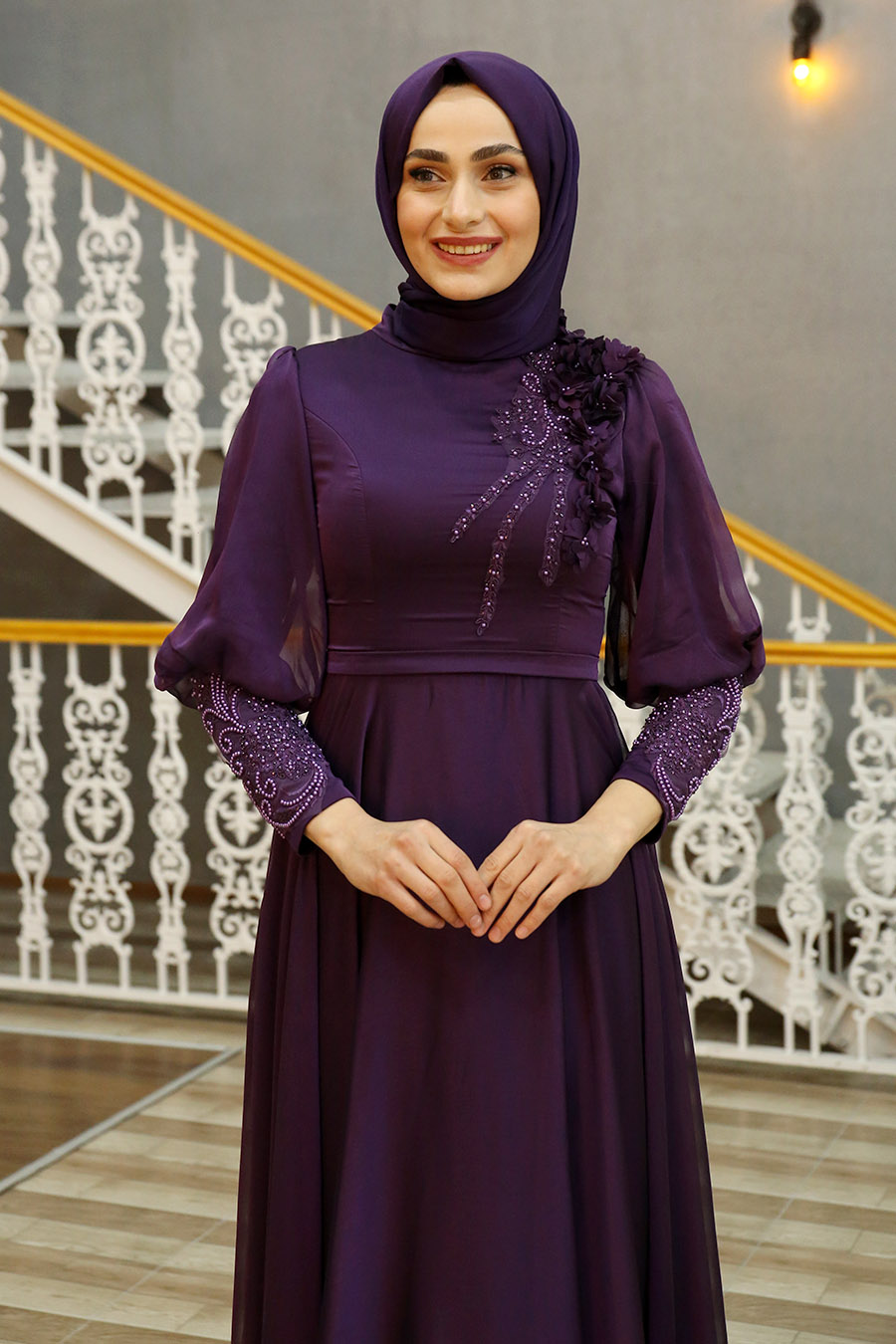 STONE DETAILED PURPLE EVENING DRESS 