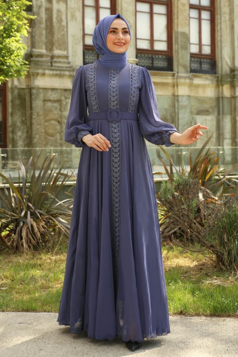 STONE DETAILED INDIGO COLOR EVENING DRESS  