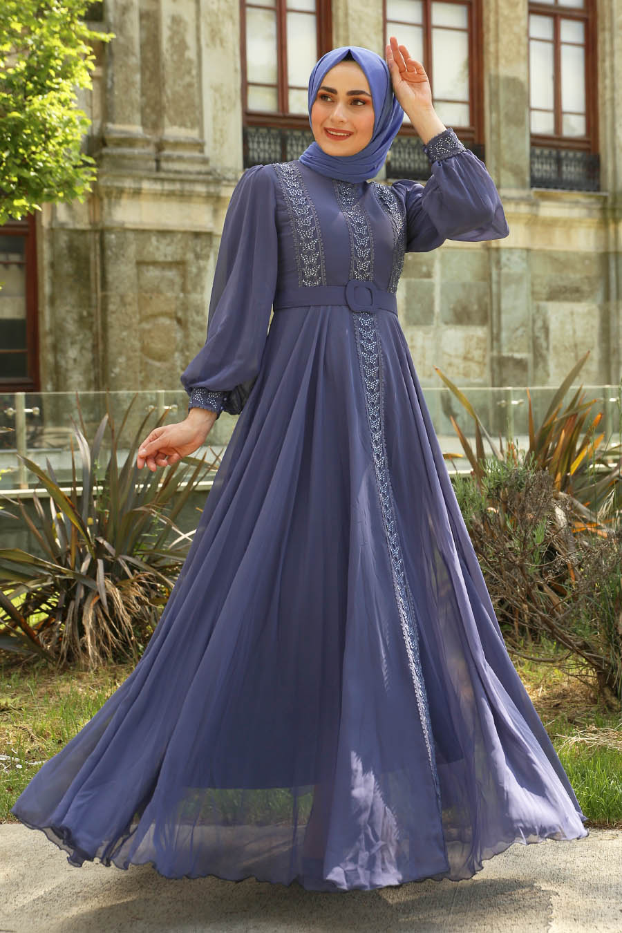 STONE DETAILED INDIGO COLOR EVENING DRESS  