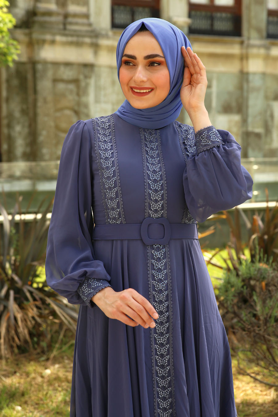 STONE DETAILED INDIGO COLOR EVENING DRESS  