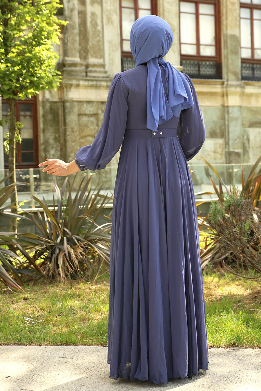 STONE DETAILED INDIGO COLOR EVENING DRESS  