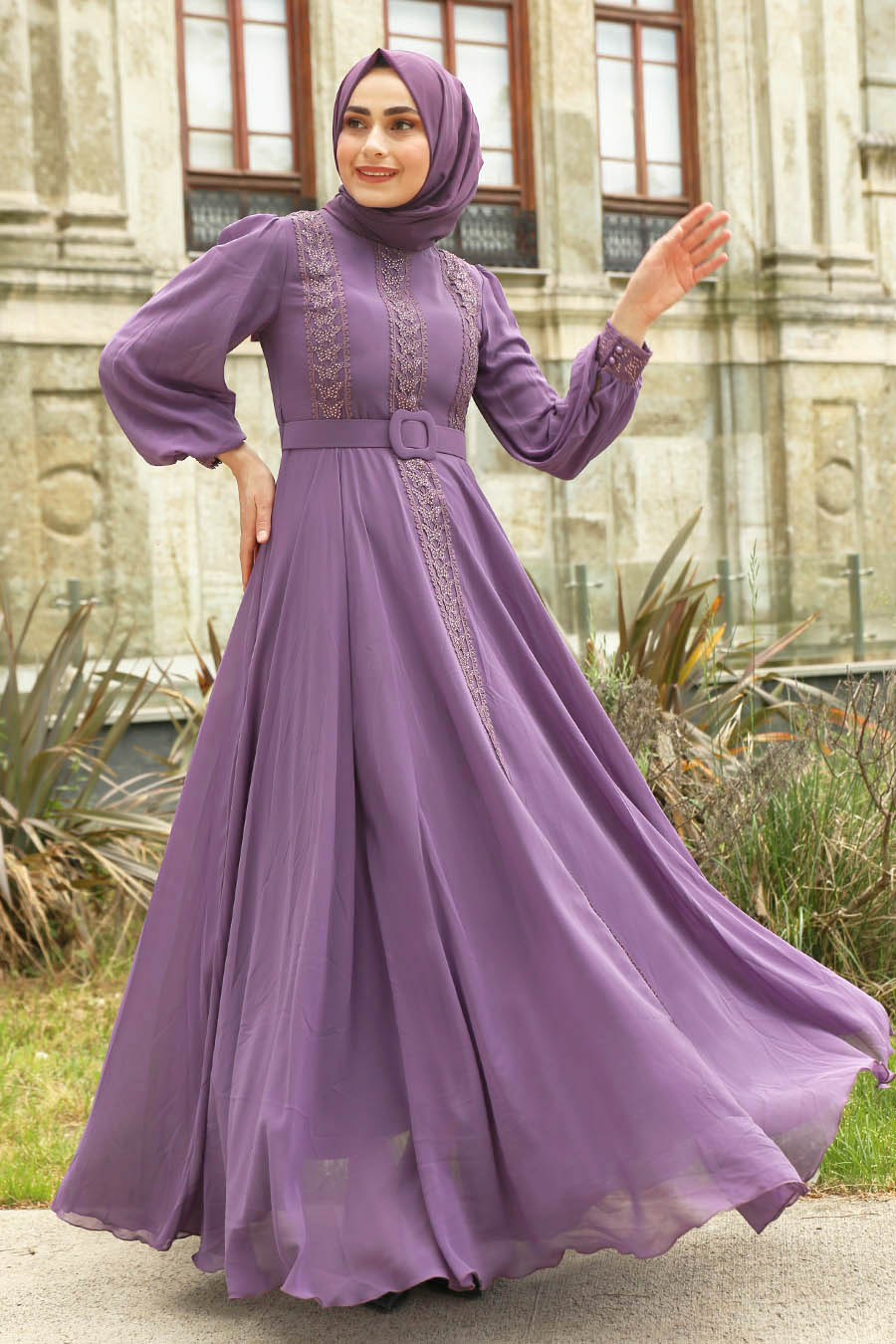 STONE DETAILED INDIGO COLOR EVENING DRESS  