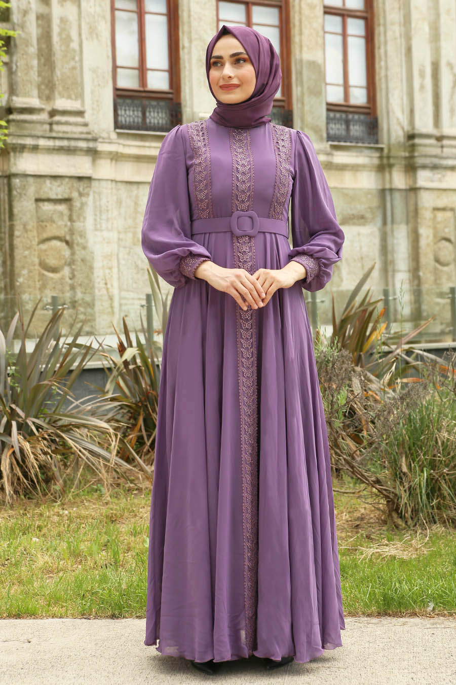 STONE DETAILED INDIGO COLOR EVENING DRESS  