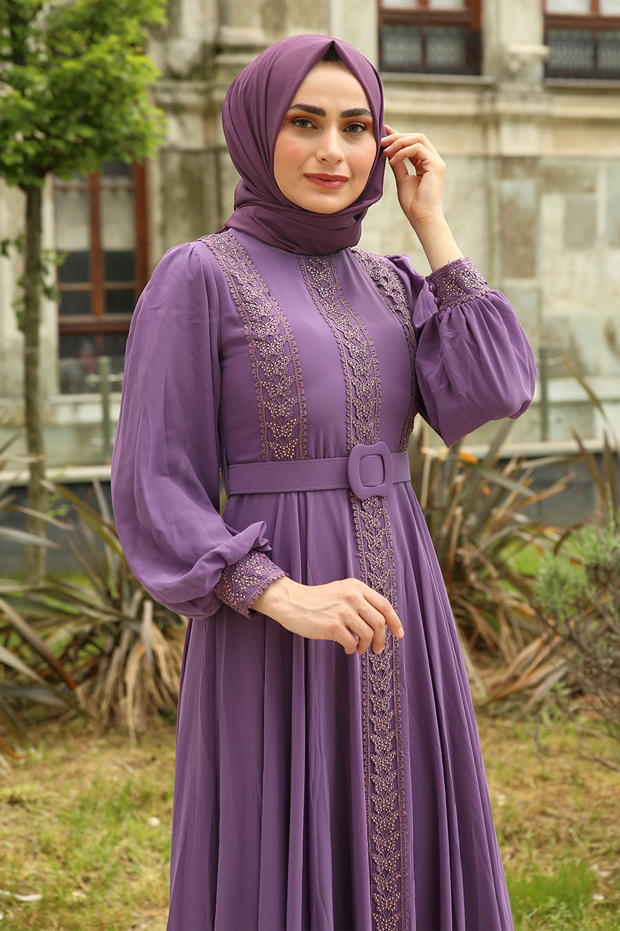 STONE DETAILED INDIGO COLOR EVENING DRESS  