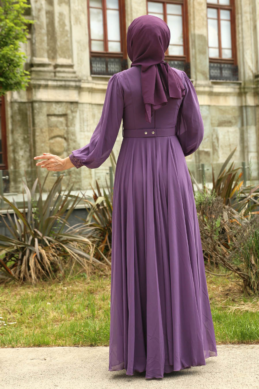 STONE DETAILED INDIGO COLOR EVENING DRESS  