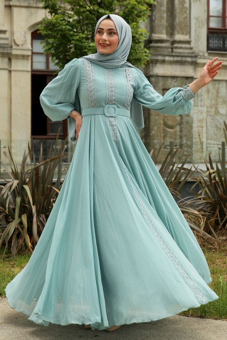 STONE DETAILED MINT EVENING DRESS  