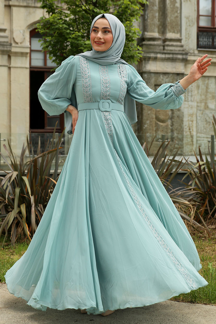 STONE DETAILED MINT EVENING DRESS STONE DETAILED MINT EVENING DRESS
