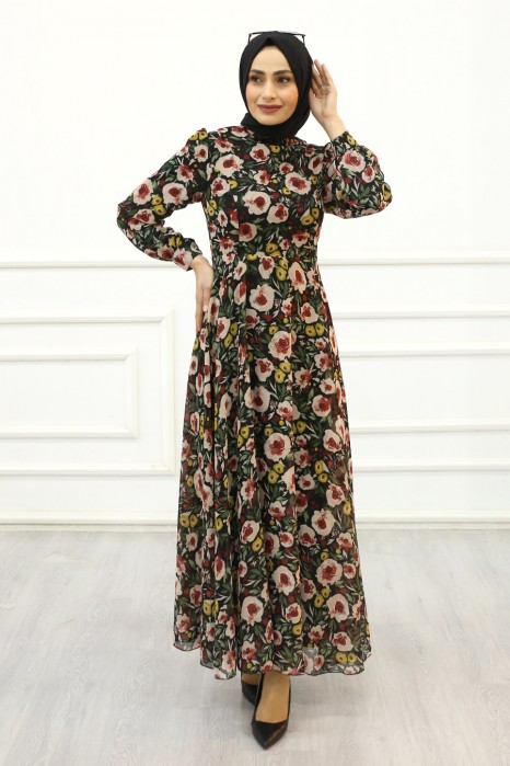 FLOWER PATTERNED BLACK DRESS 