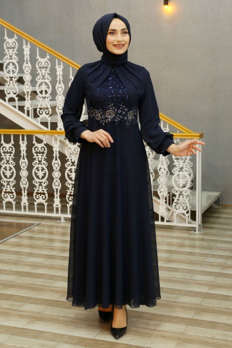 STONE DETAILED NAVY BLUE EVENING DRESS 