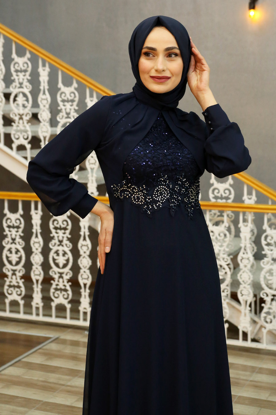 STONE DETAILED NAVY BLUE EVENING DRESS 