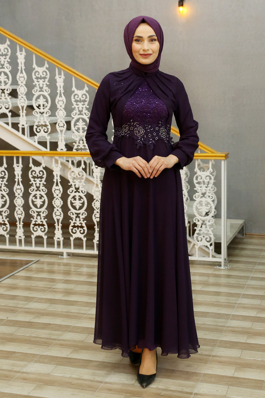 STONE DETAILED PURPLE EVENING DRESS