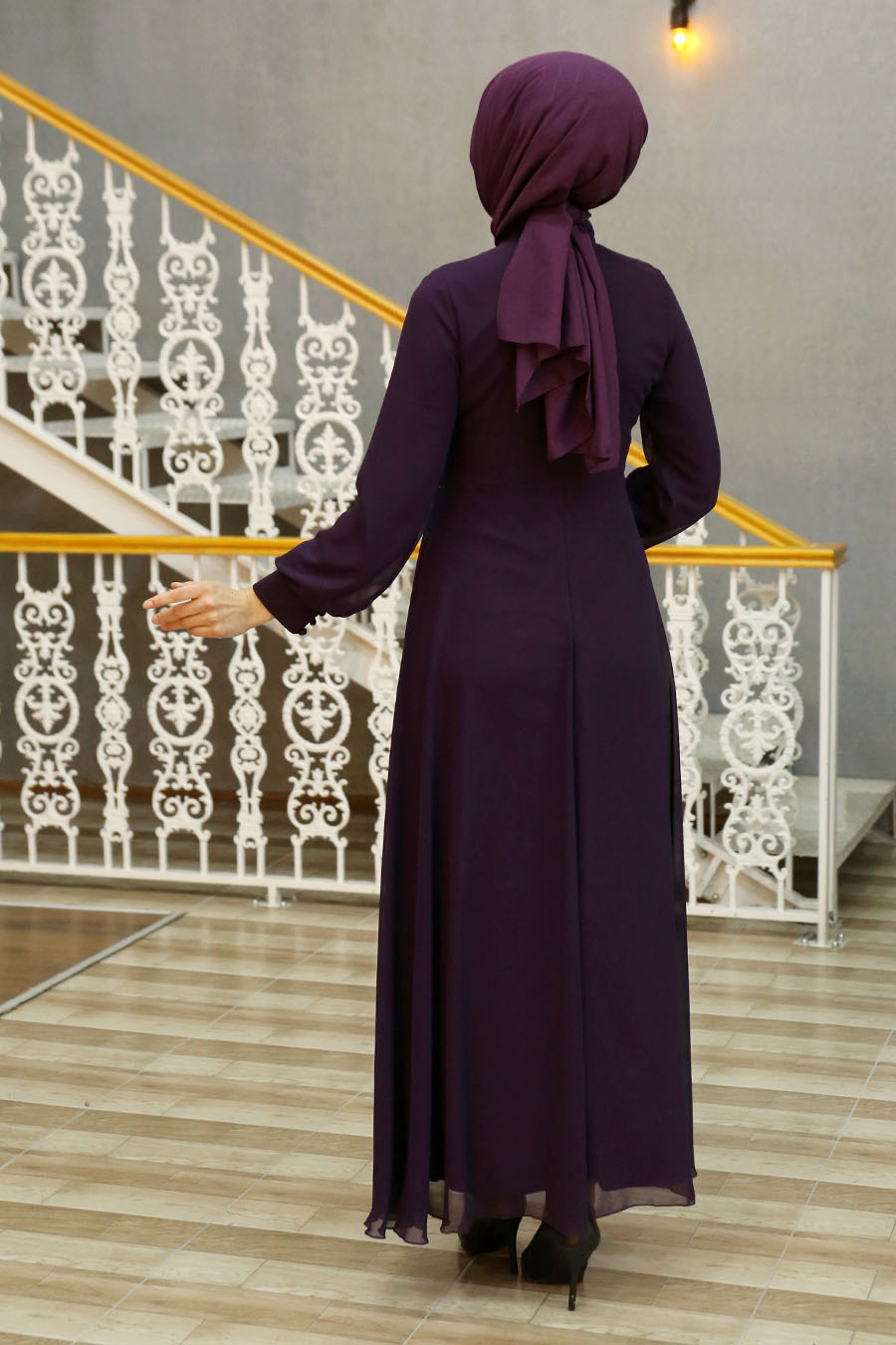 STONE DETAILED PURPLE EVENING DRESS