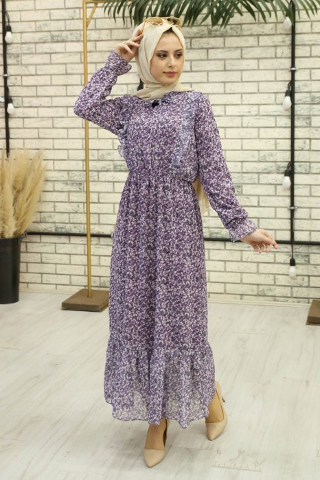 FLOWER PATTERNED PURPLE DRESS 