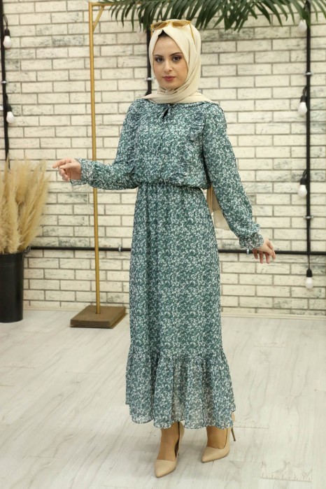 FLOWER PATTERNED GREEN DRESS 