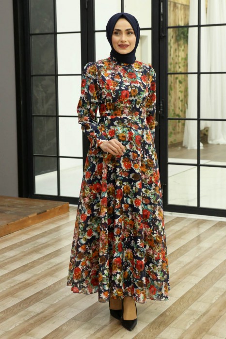 FLOWER PATTERNED NAVY BLUE DRESS 