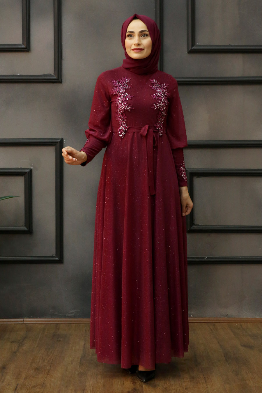 STONE DETAILED CLARET RED EVENING DRESS 