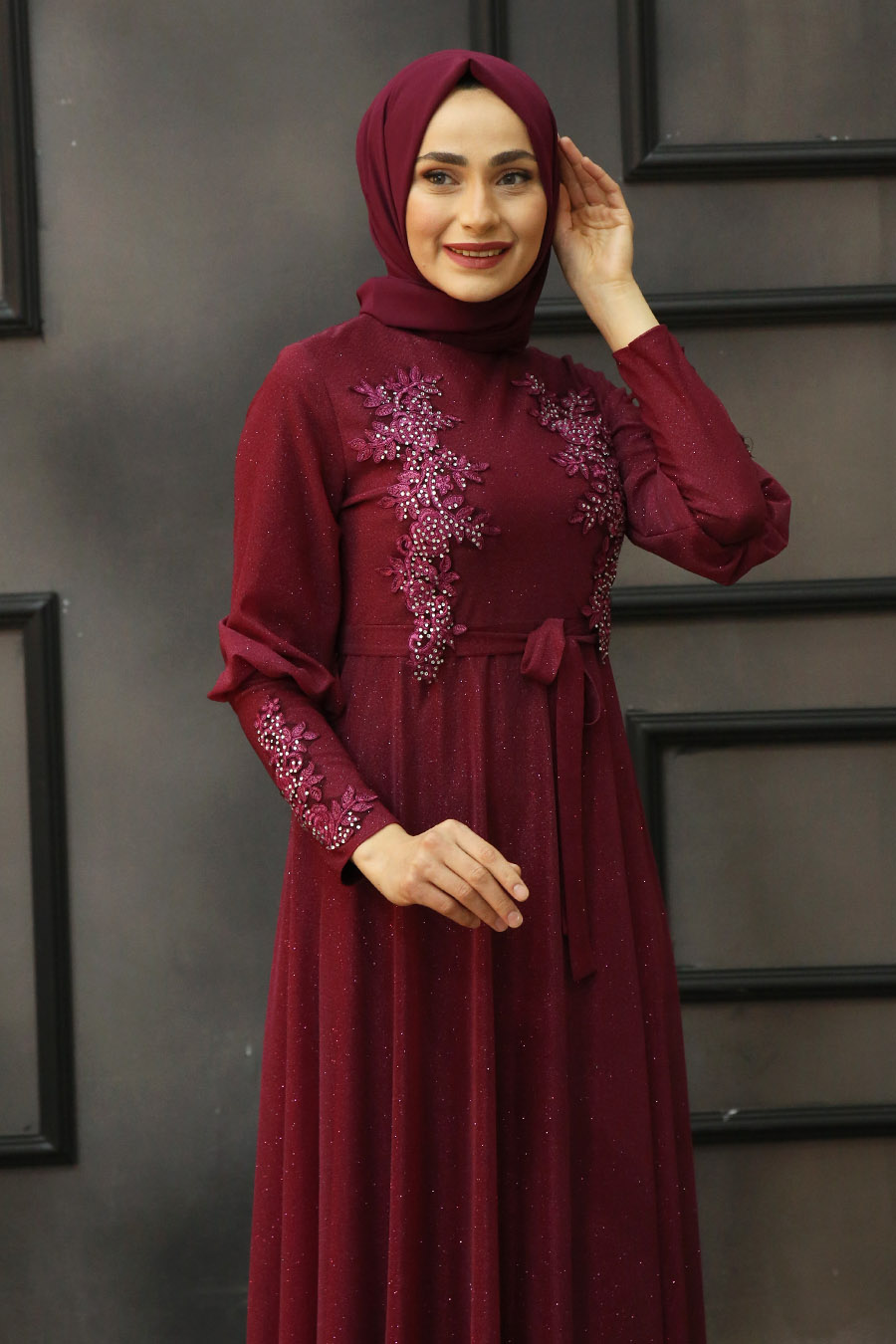 STONE DETAILED CLARET RED EVENING DRESS 