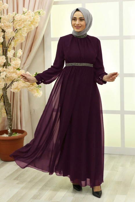 STONED DETAILED PLUM EVENING DRESS 