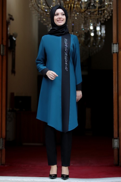 PETROLEUM BLUE TUNIC AND BLACK PANT SUIT