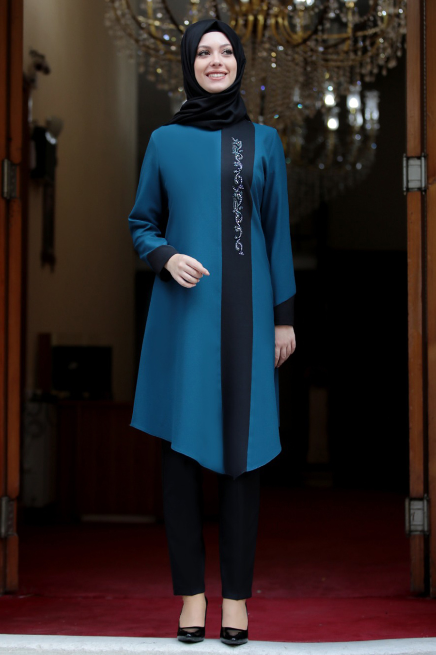 PETROLEUM BLUE TUNIC AND BLACK PANT SUIT