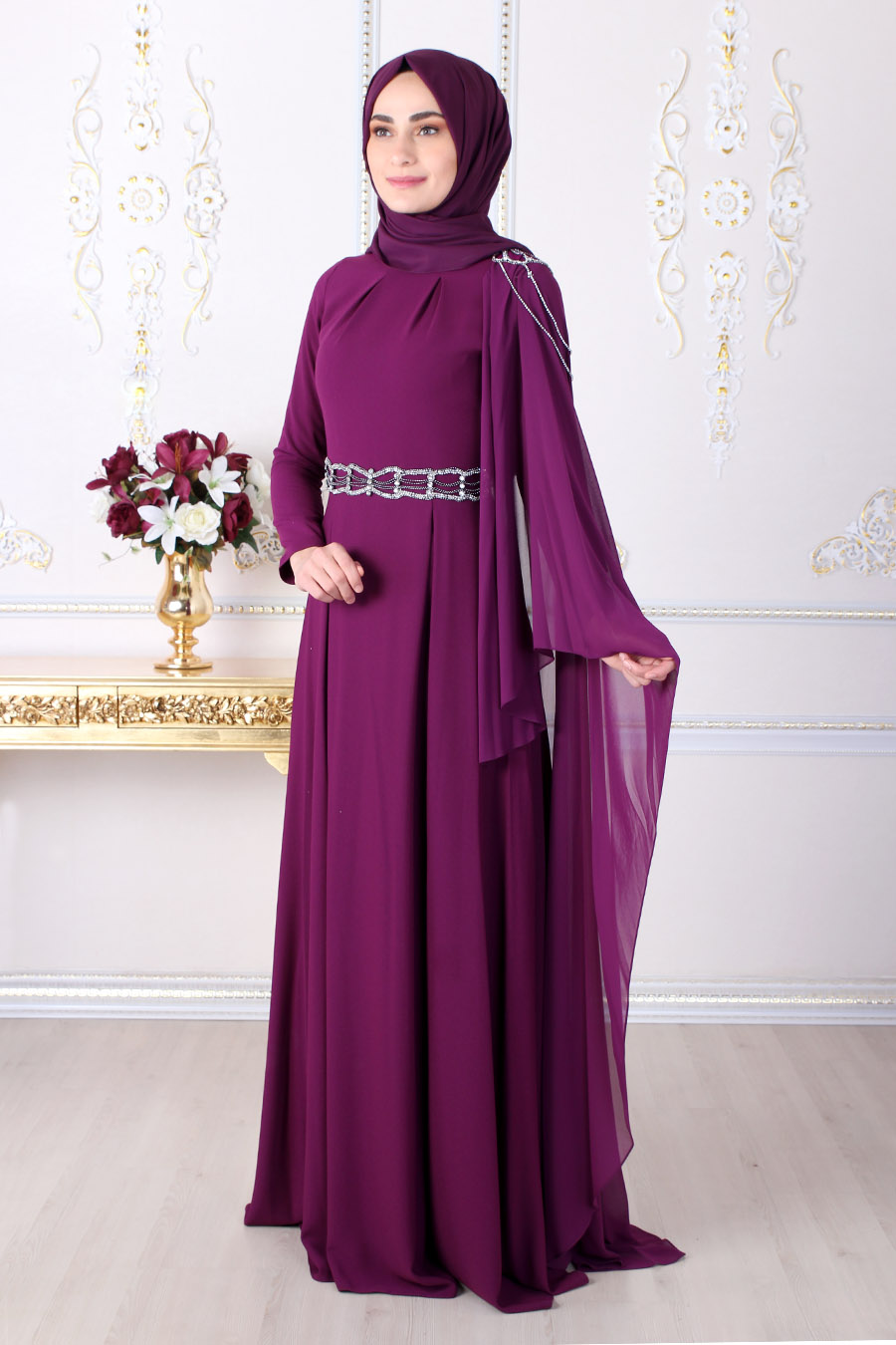 plum evening gown
