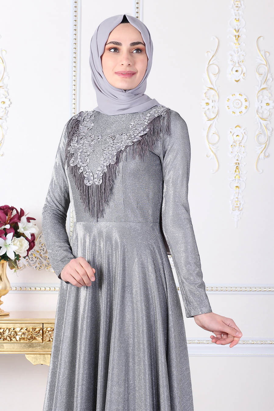 SILVERY ANTHRACITE COLOR EVENING DRESS