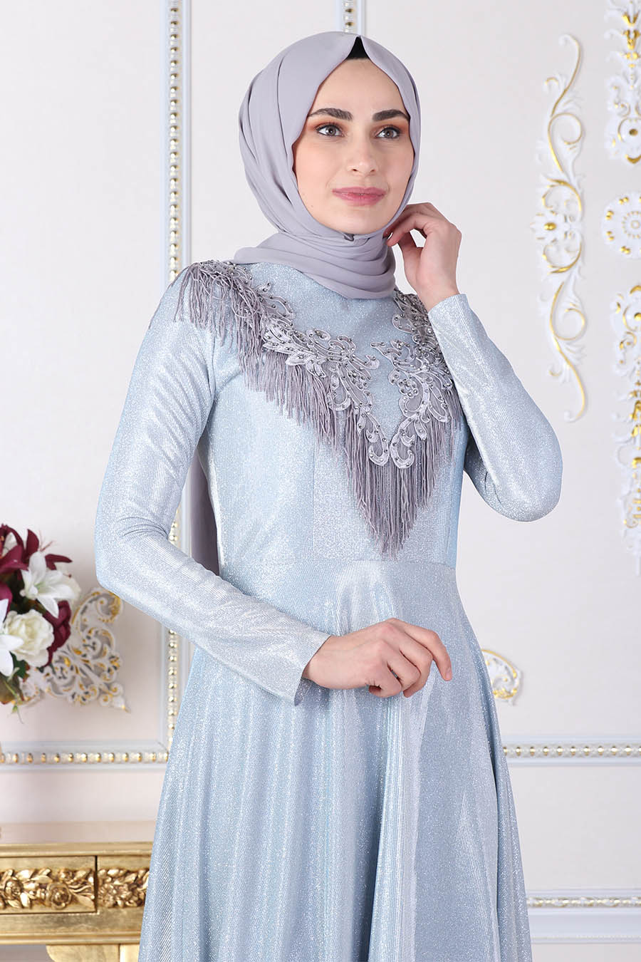 SILVERY ICE BLUE EVENING DRESS 