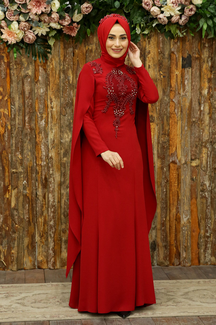 STONE DETAILD RED EVENING DRESS 