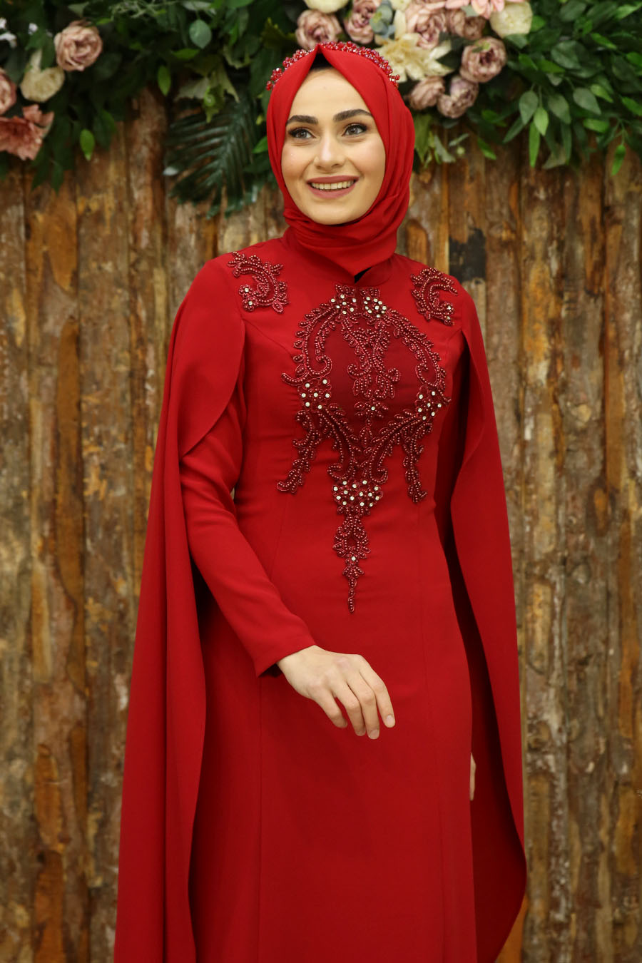 STONE DETAILD RED EVENING DRESS 