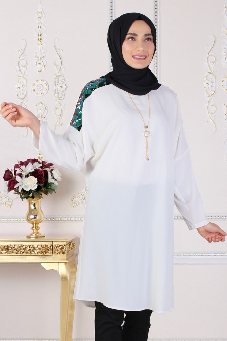 SEQUIN DETAILED ECRU TUNIC