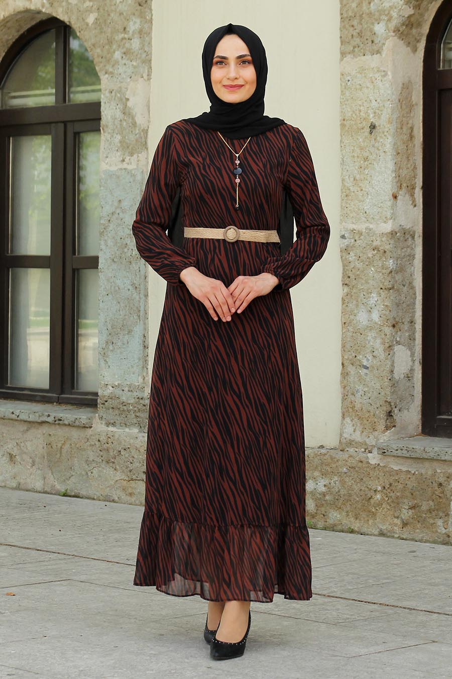 PATTERNED BLACK/BROWN DRESS 