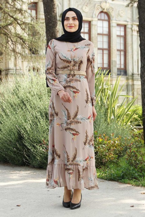 FLOWER PATTERNED BEIGE DRESS 