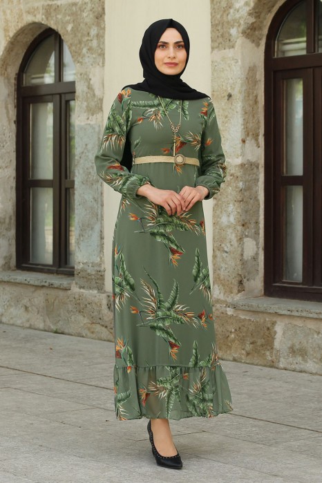 FLOWER PATTERNED KHAKI DRESS