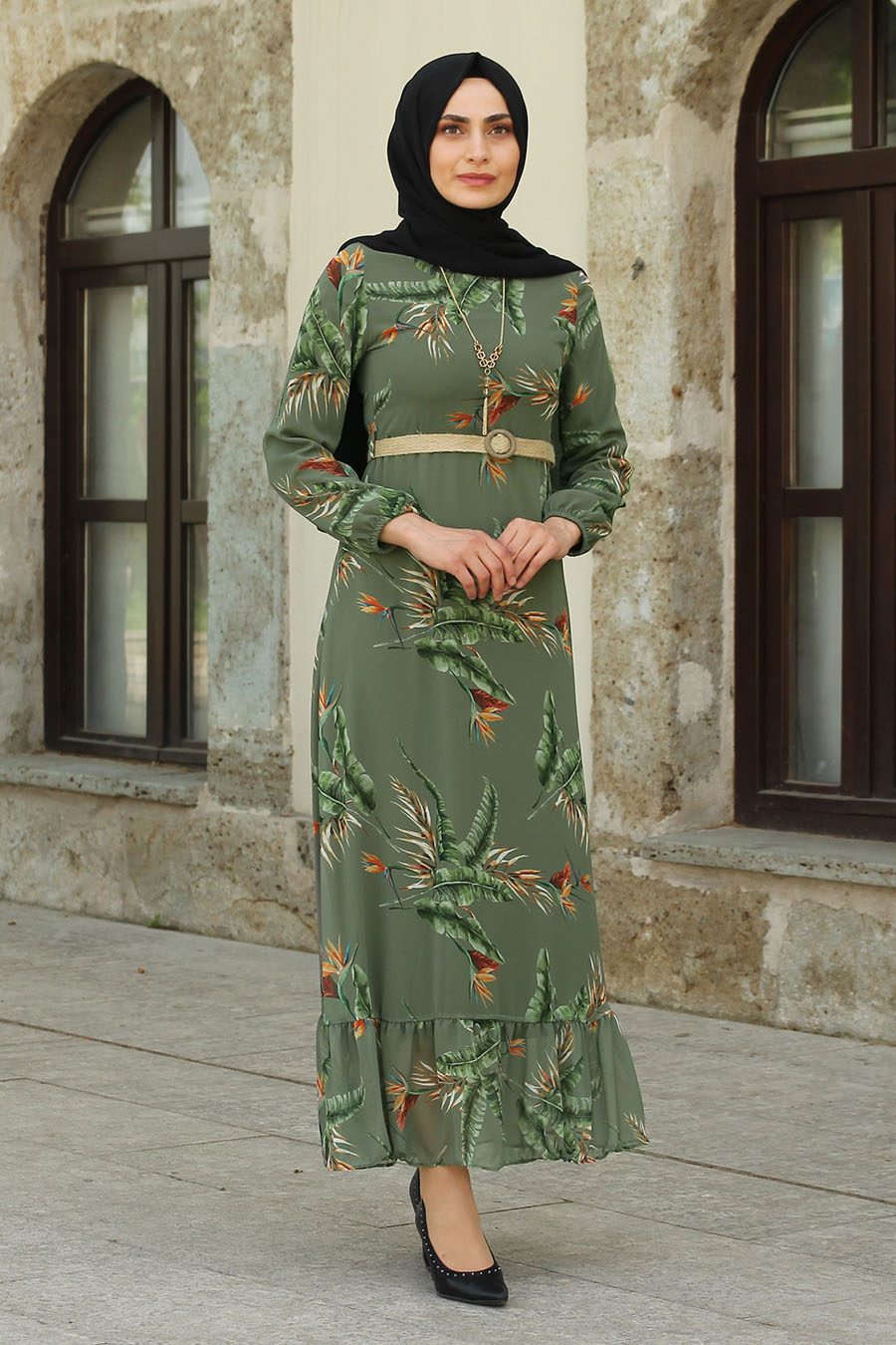 FLOWER PATTERNED KHAKI DRESS
