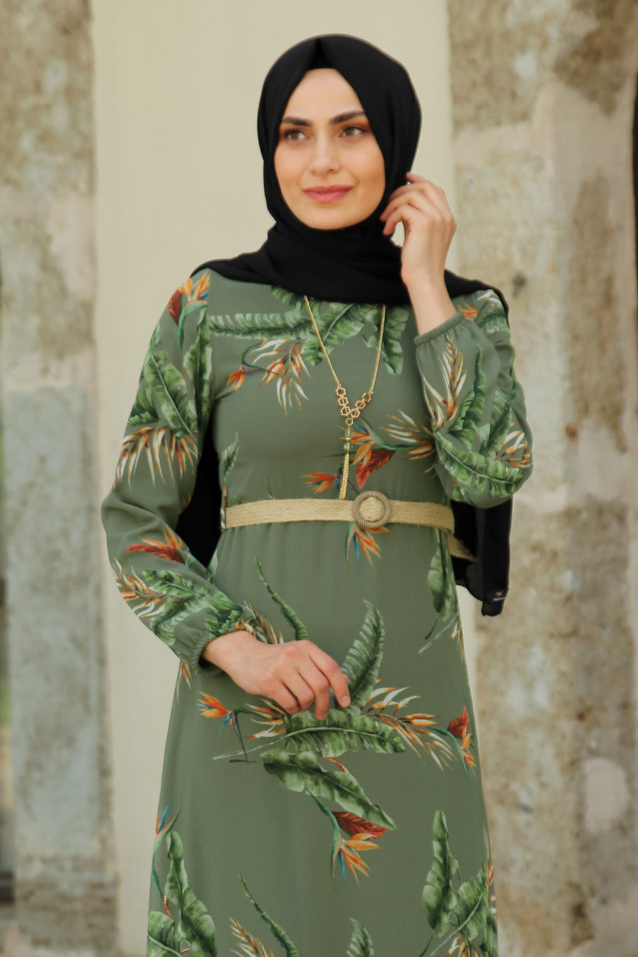 FLOWER PATTERNED KHAKI DRESS