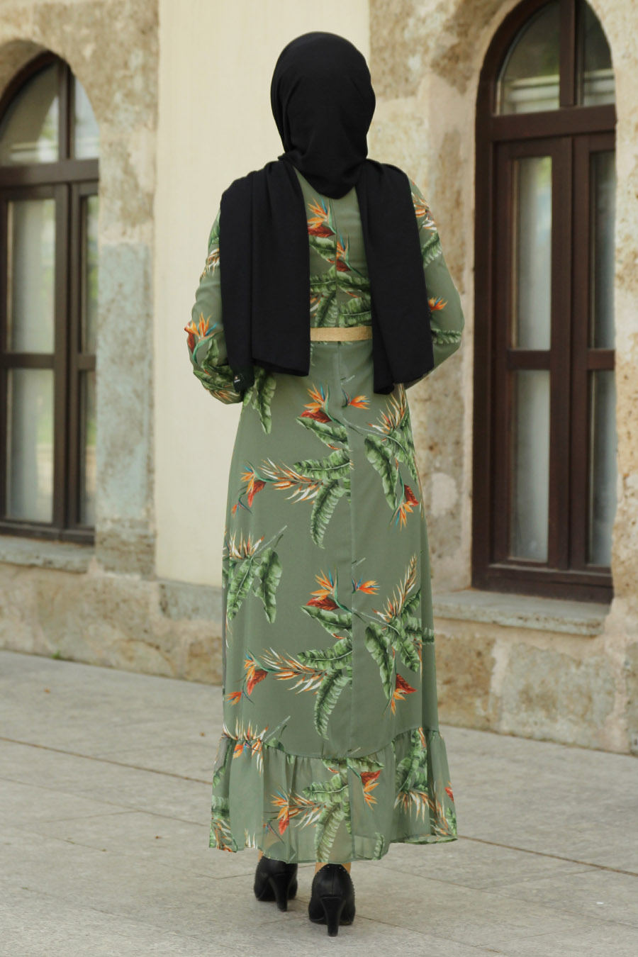 FLOWER PATTERNED KHAKI DRESS